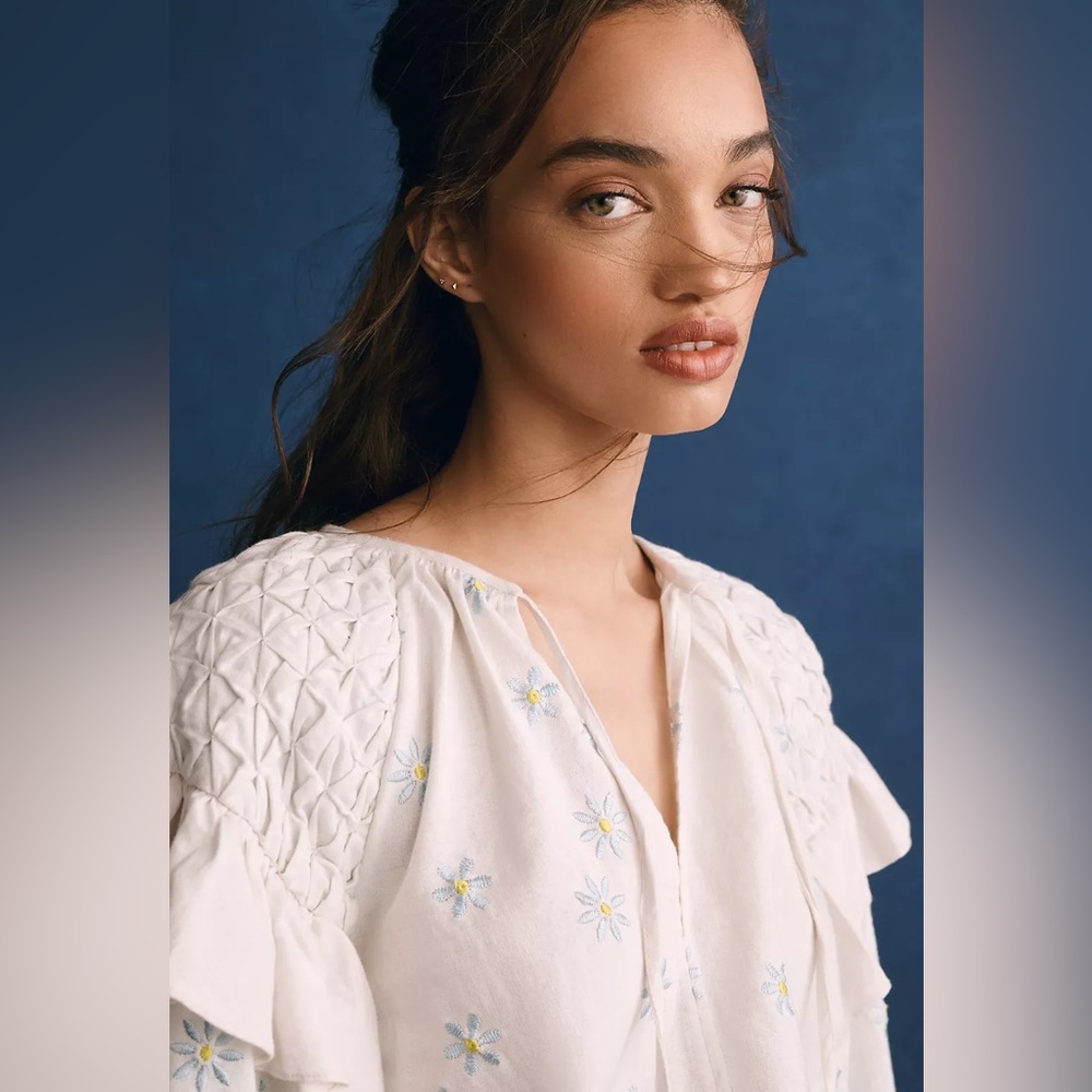 NWT Forever That Girl Ruffle-Sleeve Smocked Linen Blouse - Picture 4 of 10